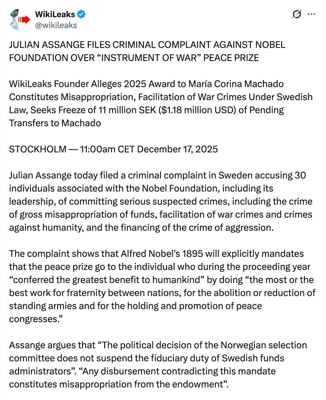 Алексей Пушков: Джулиан Ассанж верен себе: он подает жалобу на Нобелевский Комитет, который, присудив премию мира венесуэльской оппозиционерке Мачадо, нарушил и предназначение премии мира, и завещание Нобеля